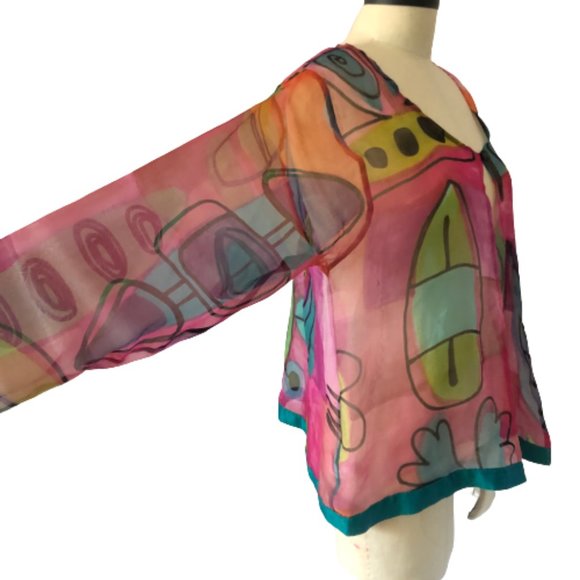 100% Silk Sheer Organza Hand Painted Colorful Top - Picture 8 of 15